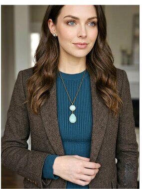 NECKLACE - Vintage long gold chain with turquoise teardrop double pendant